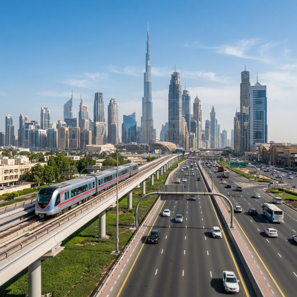 Dubai modern multi-lane highway with metro train passing skyscrapers