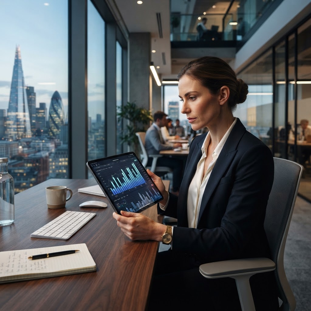 Professional investor comparing market data on a tablet