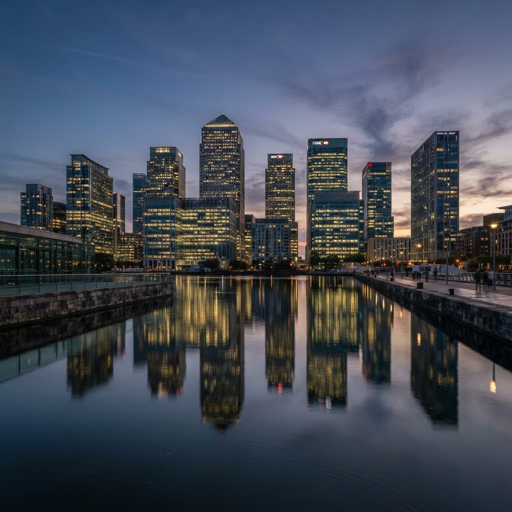 Canary Wharf London financial district skyscrapers at dusk