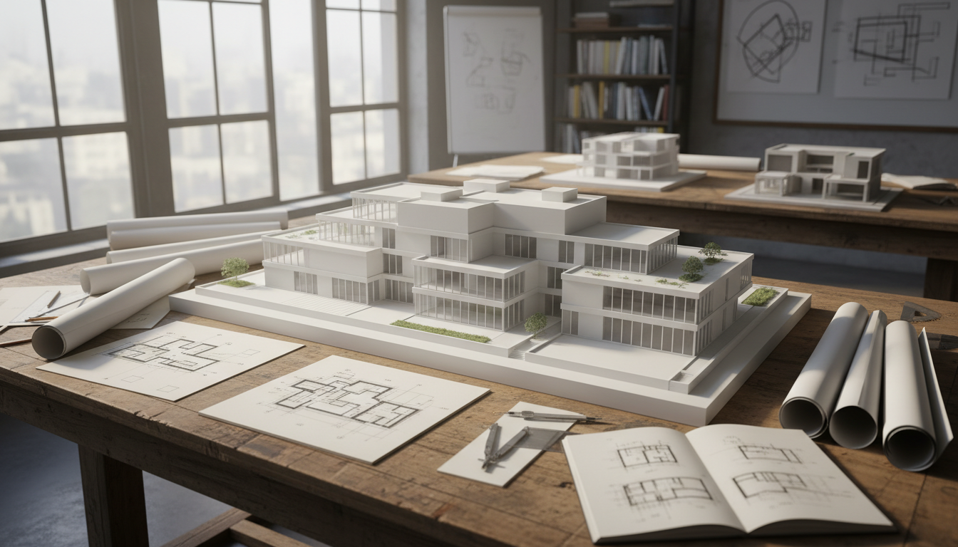 Structural design model of modern residential building on drafting table