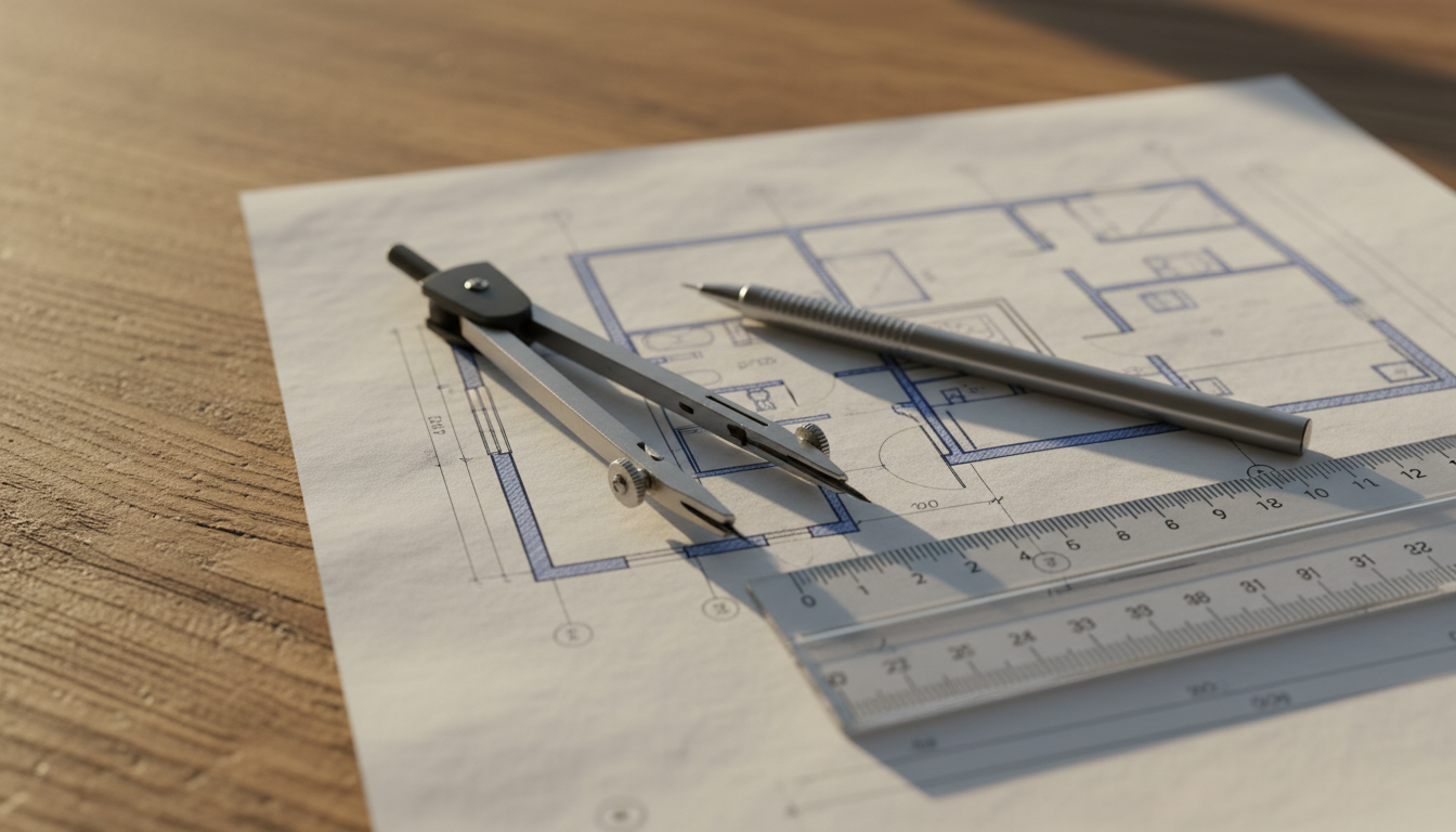 Drafting tools on blueprint with compass and mechanical pencil