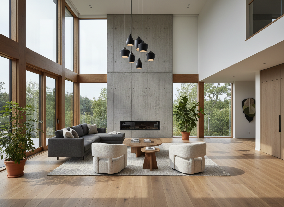 Contemporary open-concept living interior with natural light and warm wood floors