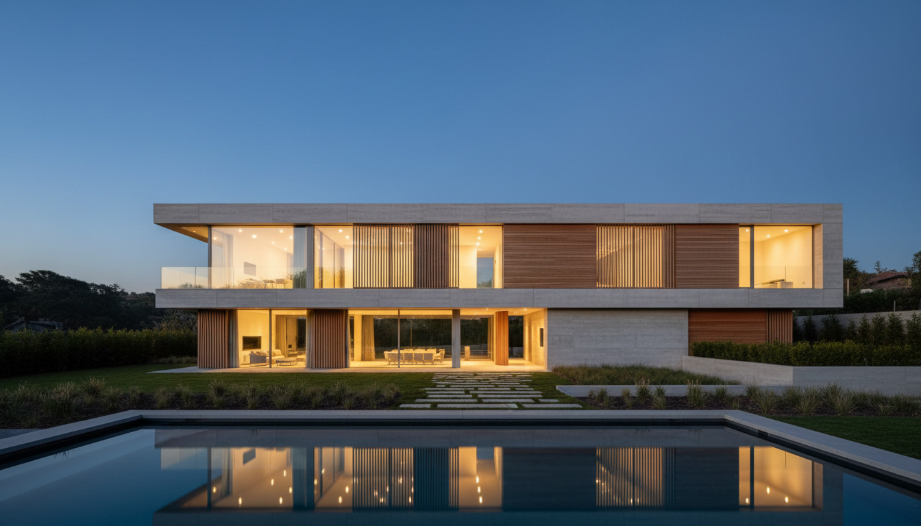 Modern structural home at dusk with warm interior lighting