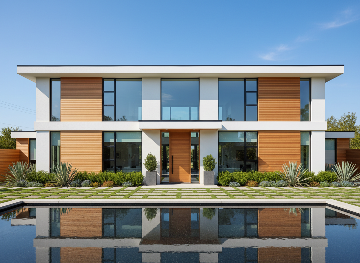 Modern white residential home with clean geometric lines and manicured landscaping