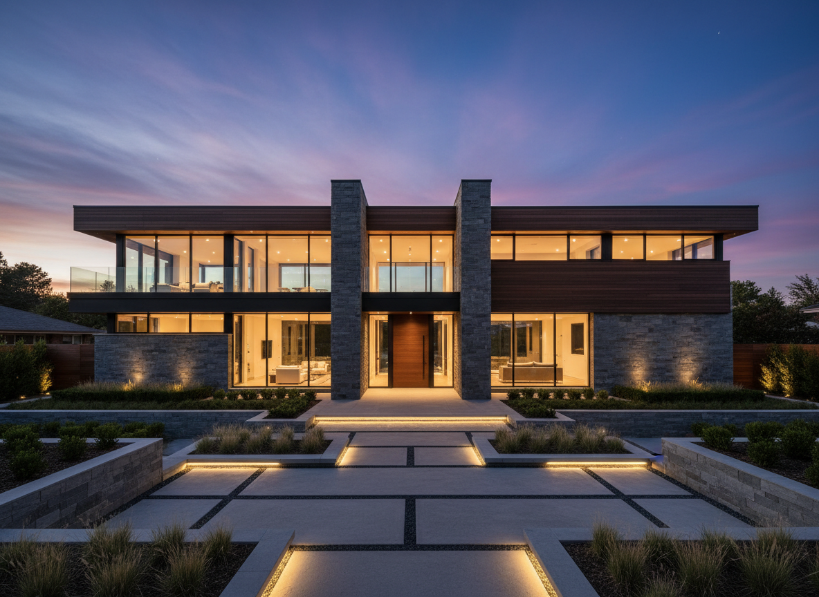 Two-story modern home at twilight with mixed stone and wood materials