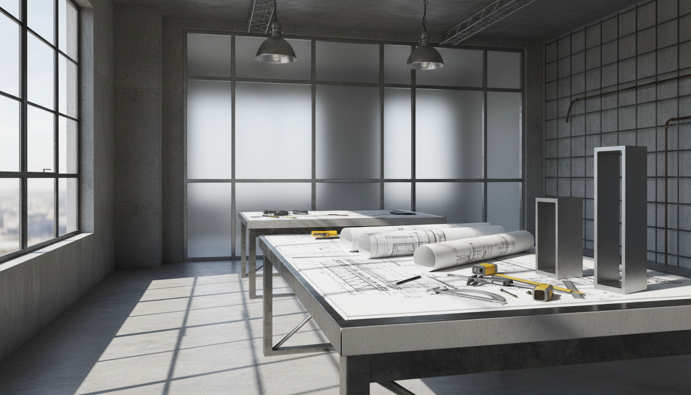 Professional engineering workspace with structural blueprints and precision instruments