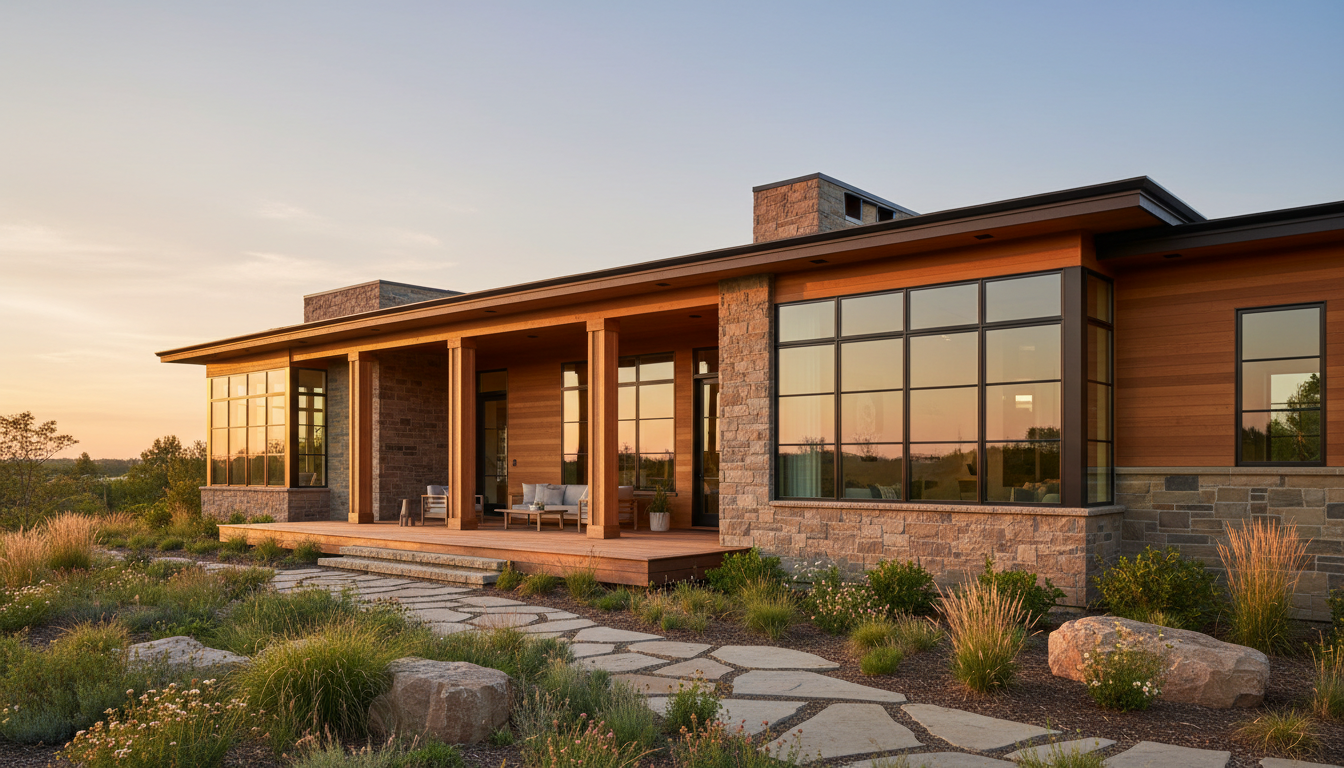 Beautiful modern home exterior with warm atmosphere and natural landscaping