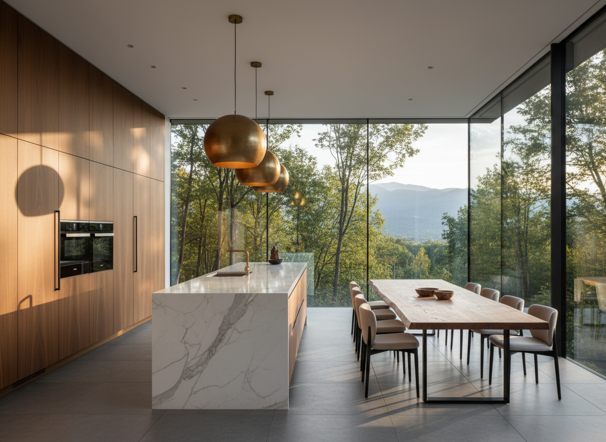 Luxury modern kitchen with stone island and pendant lighting