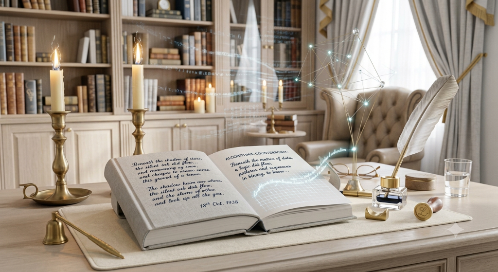 An open book on a scholar's desk with a glowing AI network rising from its pages