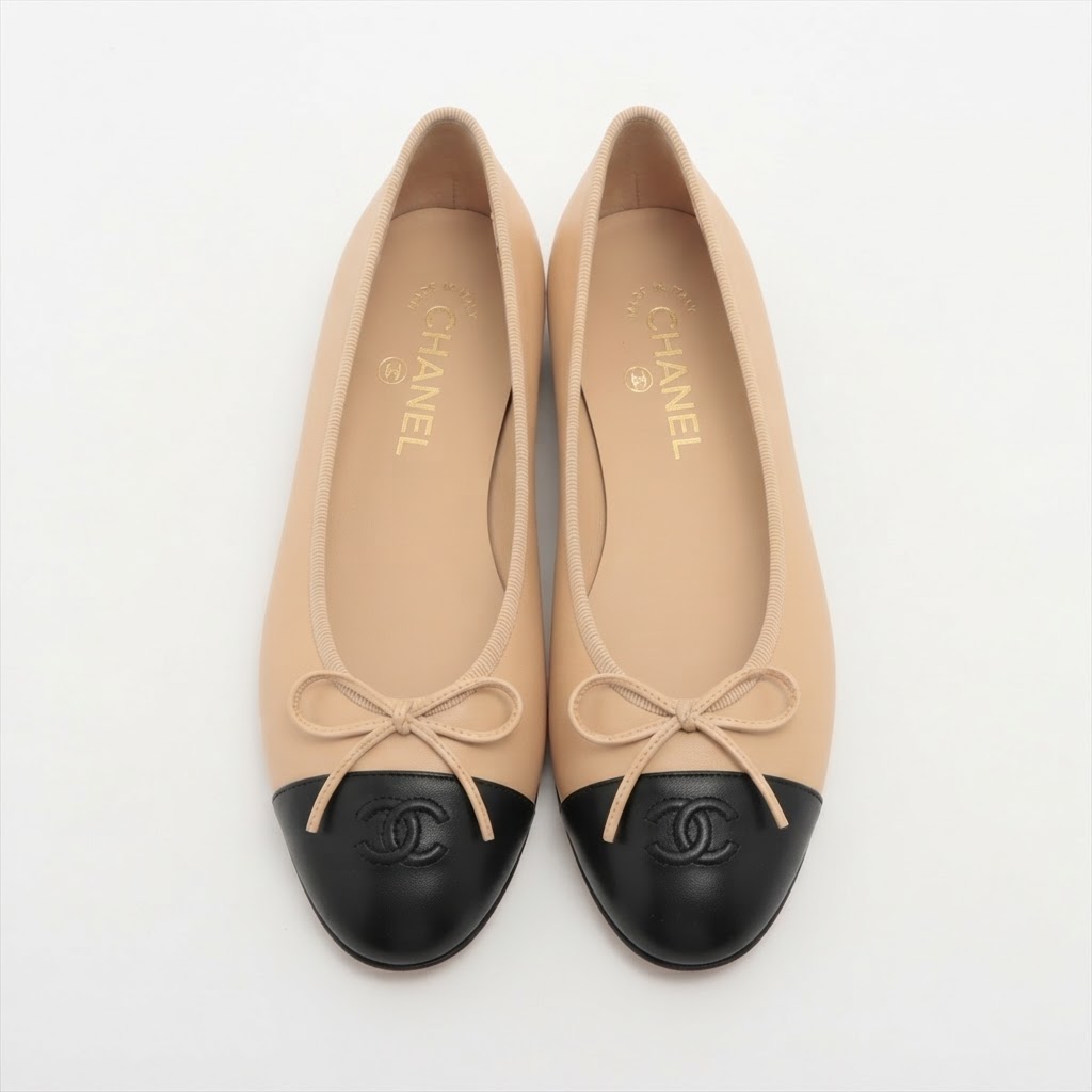 Chanel Ballet Flat (Beige/Black CC)