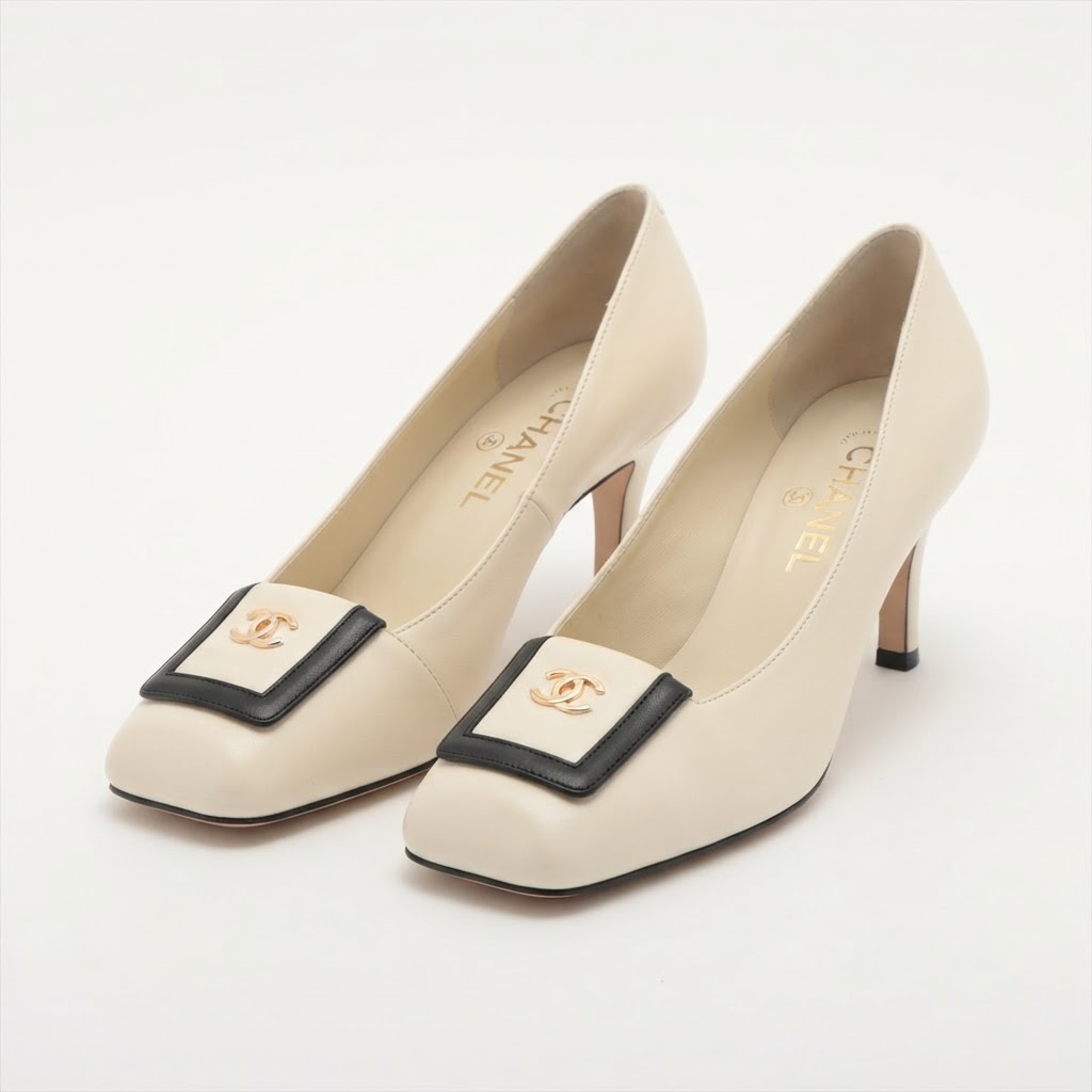 Chanel Square-Toe CC Pump (Cream/Black)