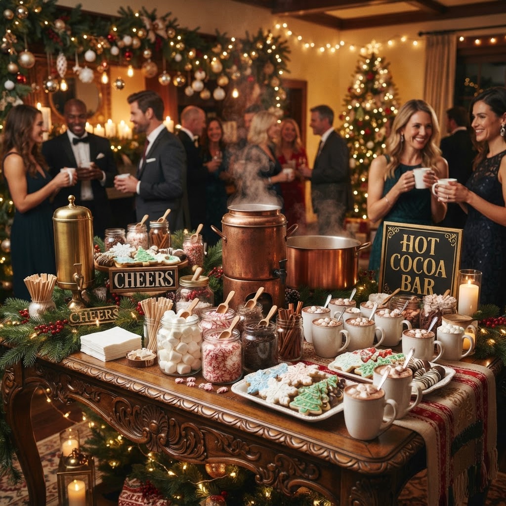 Gourmet hot cocoa bar with marshmallows and holiday cookies