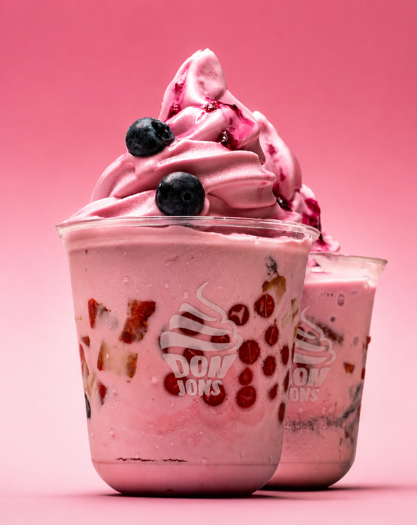 Pink frozen yogurt cups with blueberries