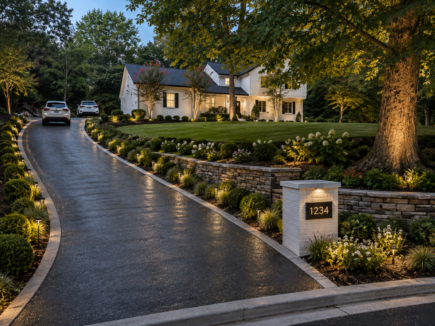 The Lewis Residence — front elevation at twilight