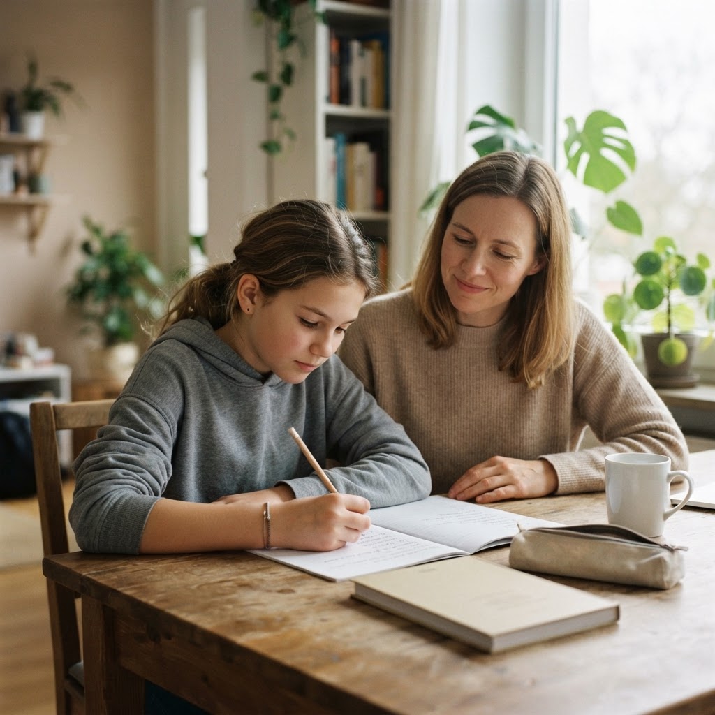 Eine Frau und ein Mädchen lernen gemeinsam am Küchentisch