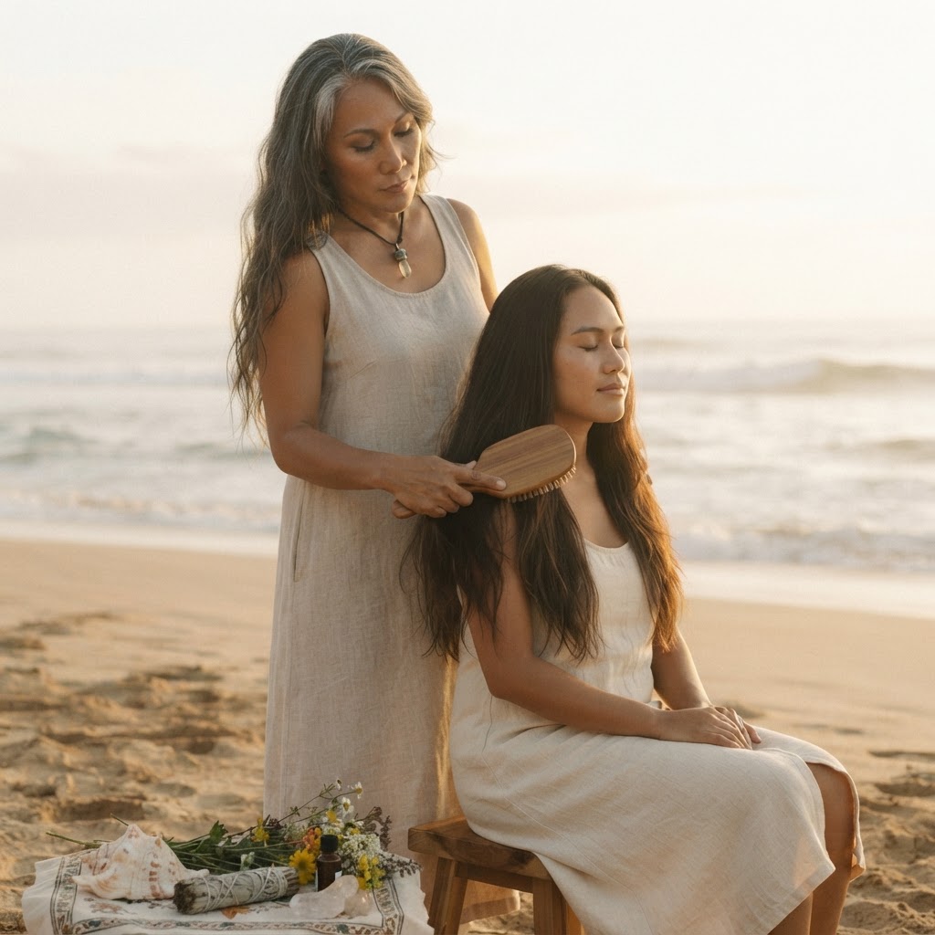 Hands gently caring for hair — Sacred Cut ritual detail