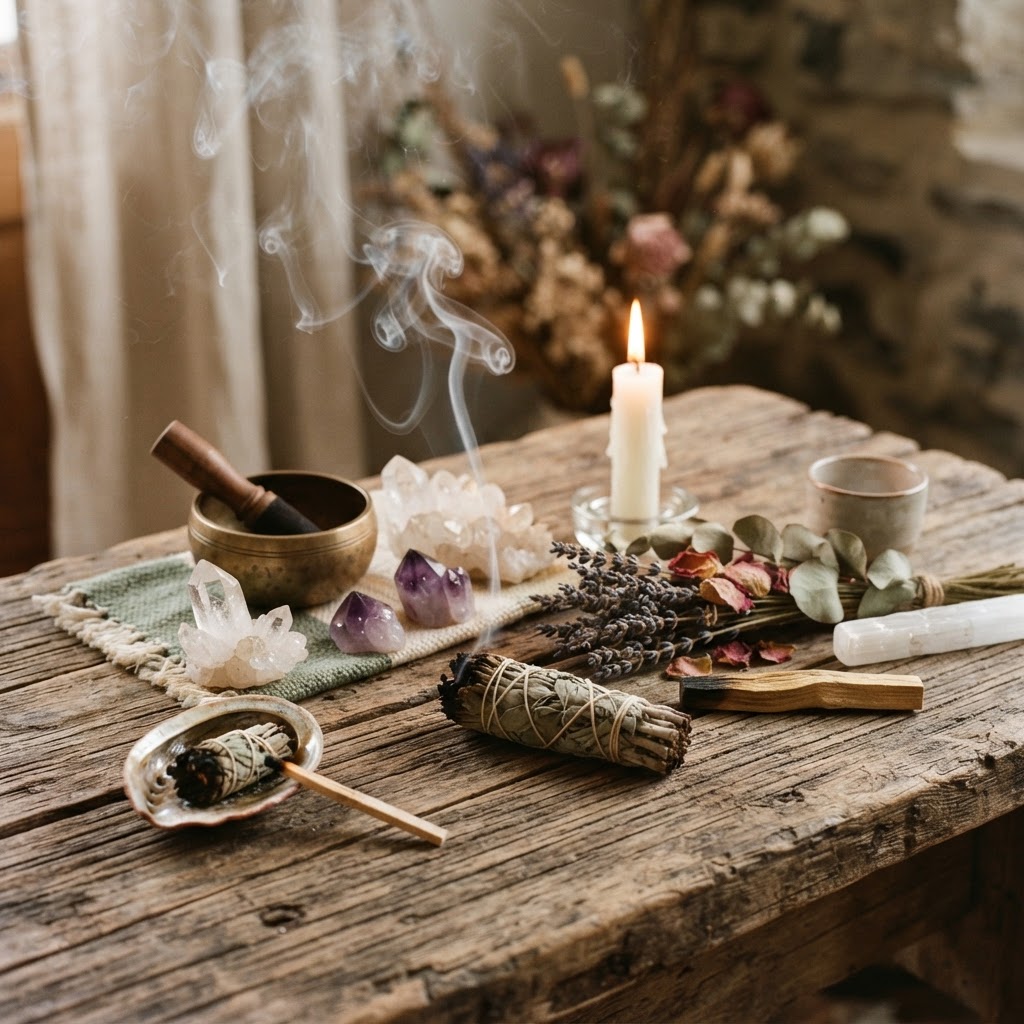 Sacred ceremony altar with sage, crystals, and candle