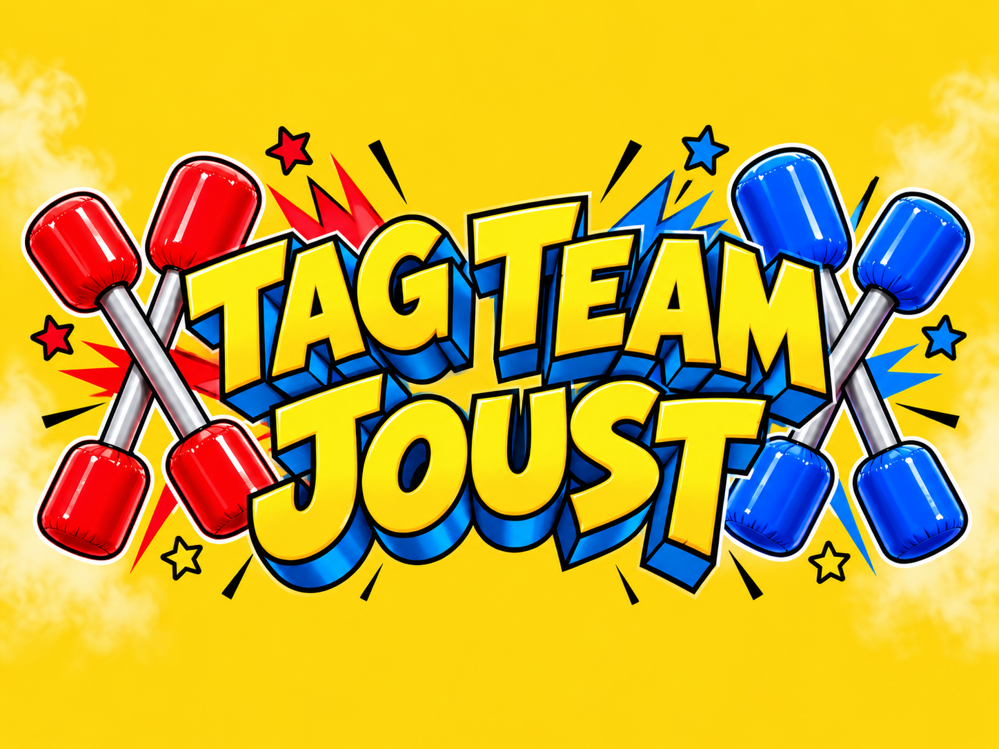 Tag Team Joust title slide with red and blue inflatable jousting sticks