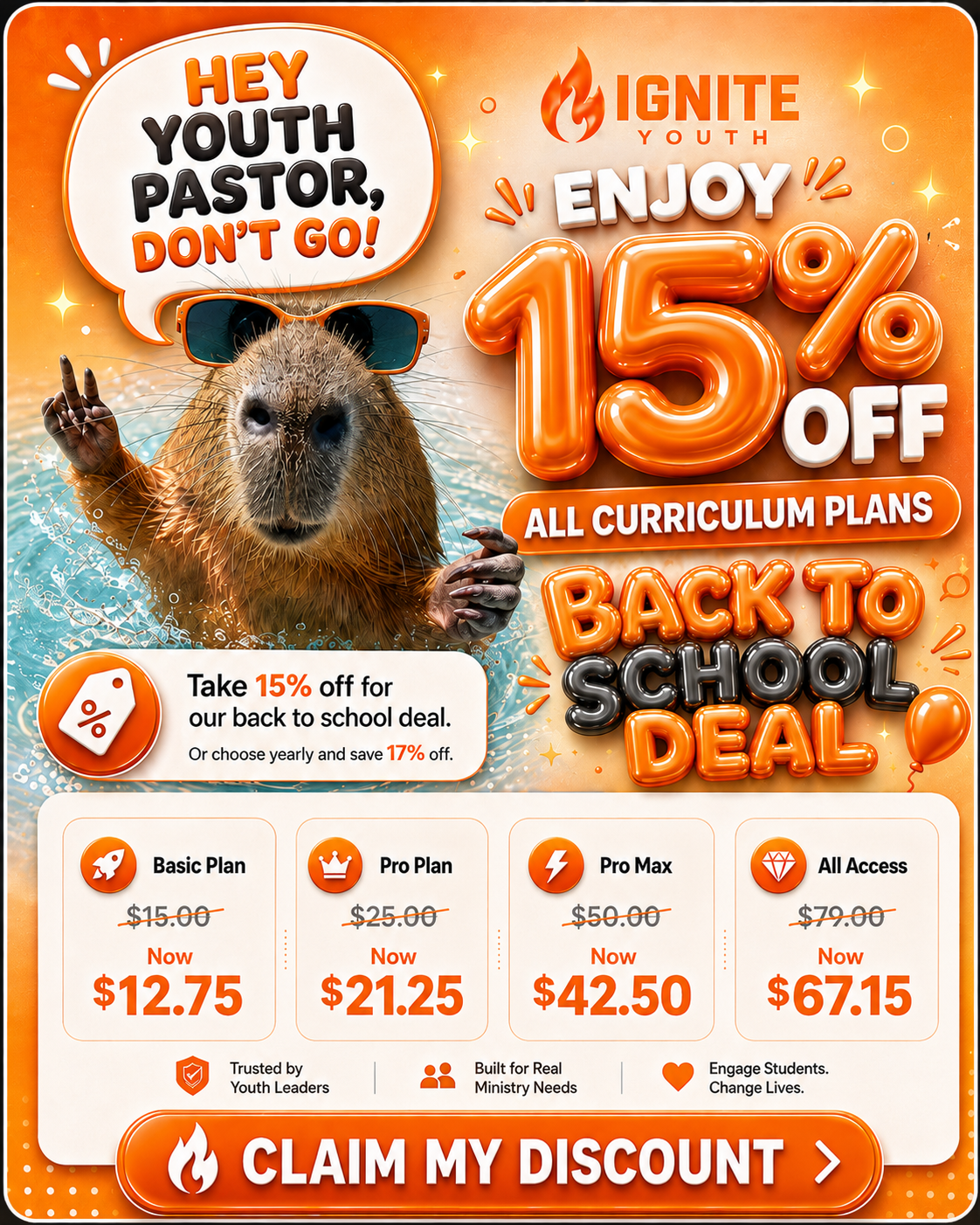 15% off all Ignite Youth curriculum plans with the back to school deal