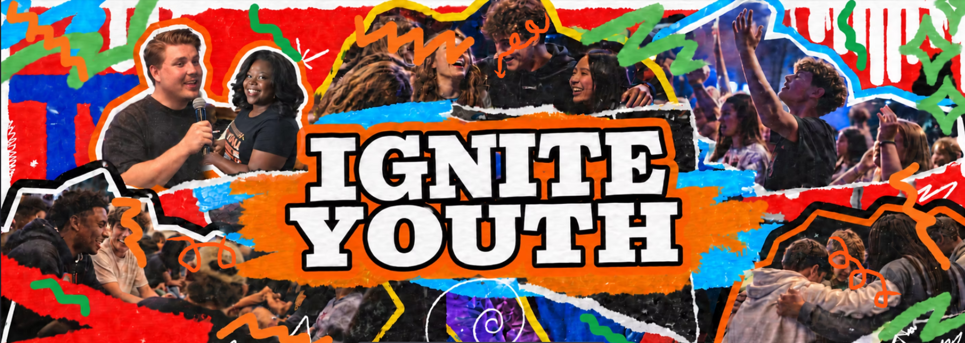 Ignite Youth banner featuring speakers, worship, and student community