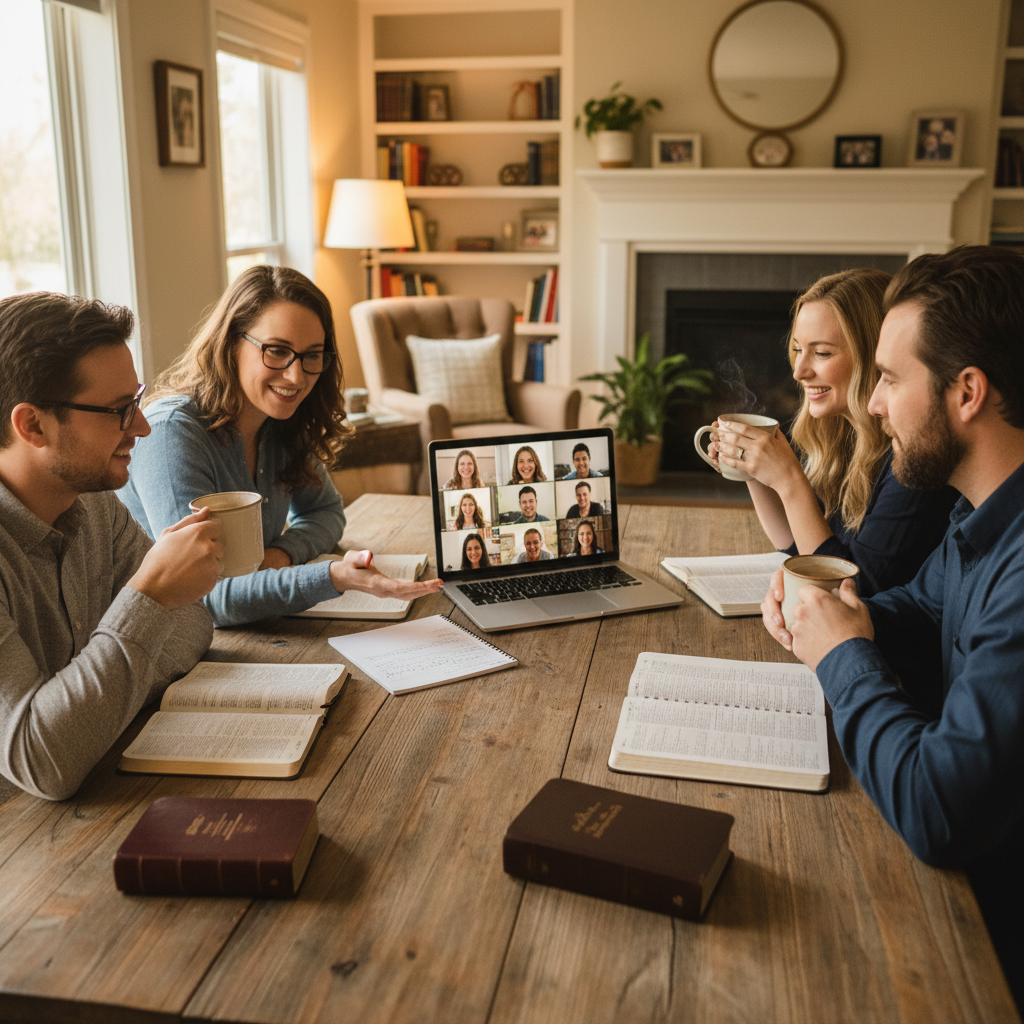 Group at dining table with laptop