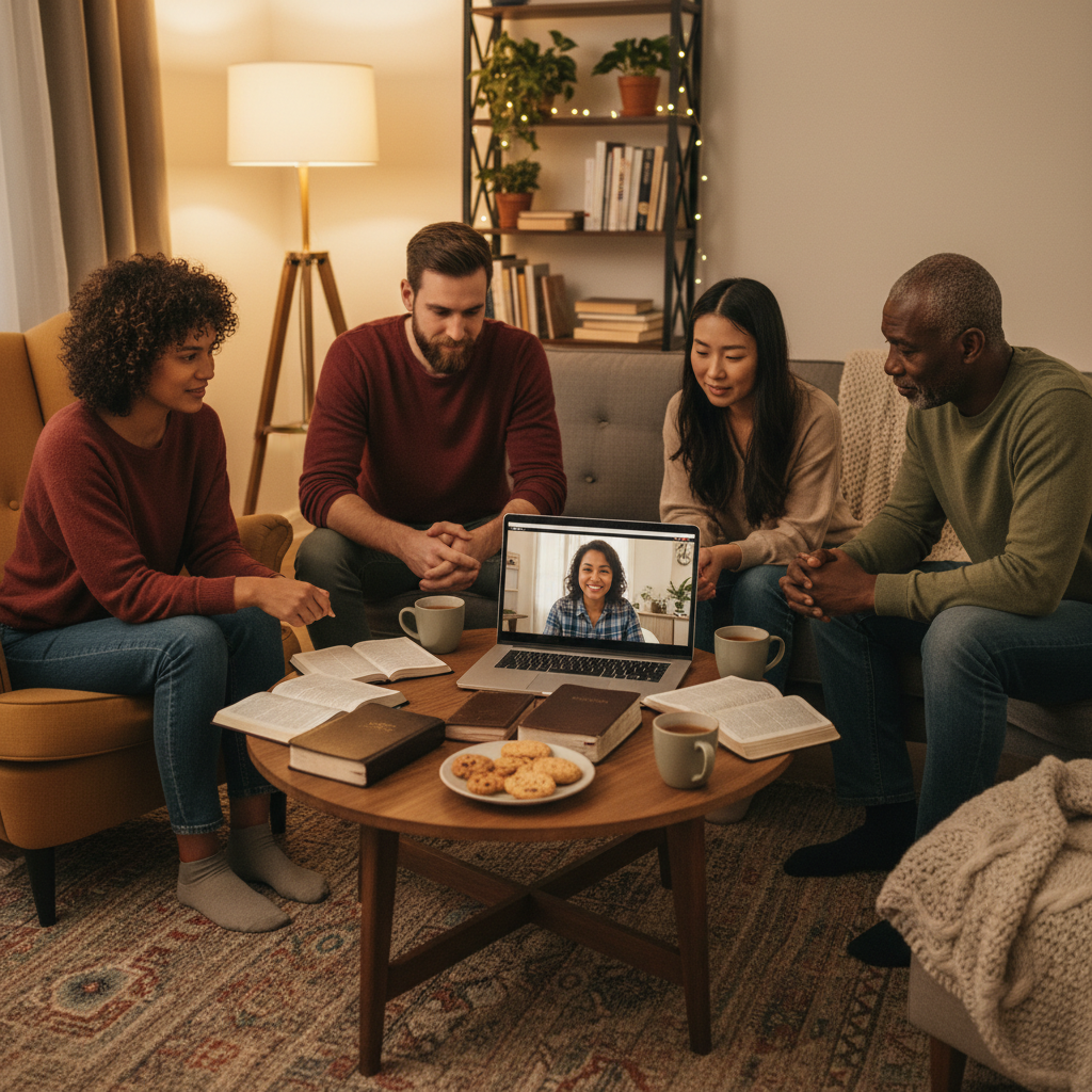 Small group Bible study around a laptop