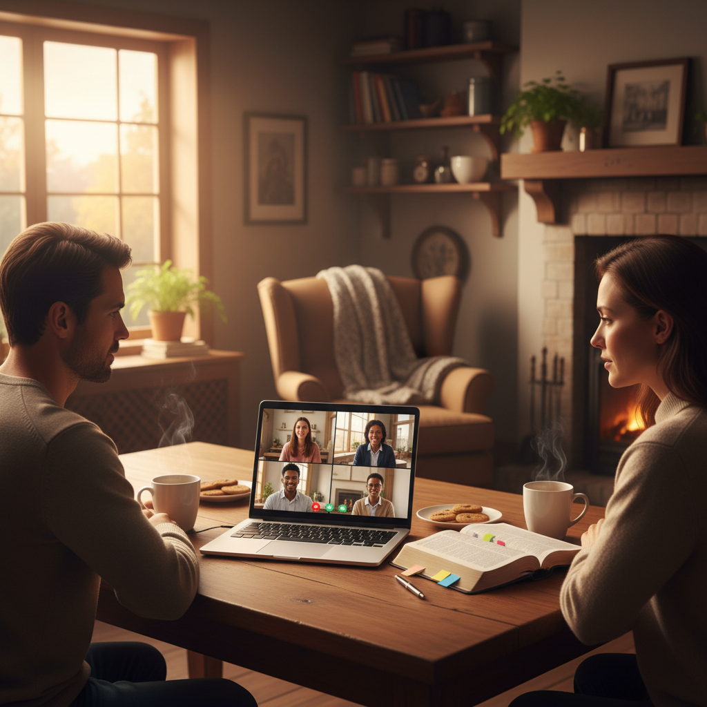 Couple studying Bible online