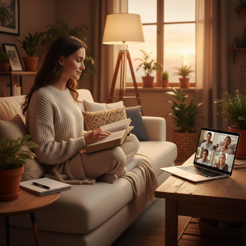 Woman joining Bible study from home