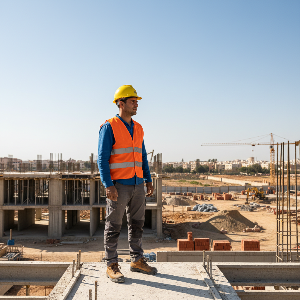 Ouvrier marocain portant des chaussures de sécurité sur un chantier de construction BTP au Maroc