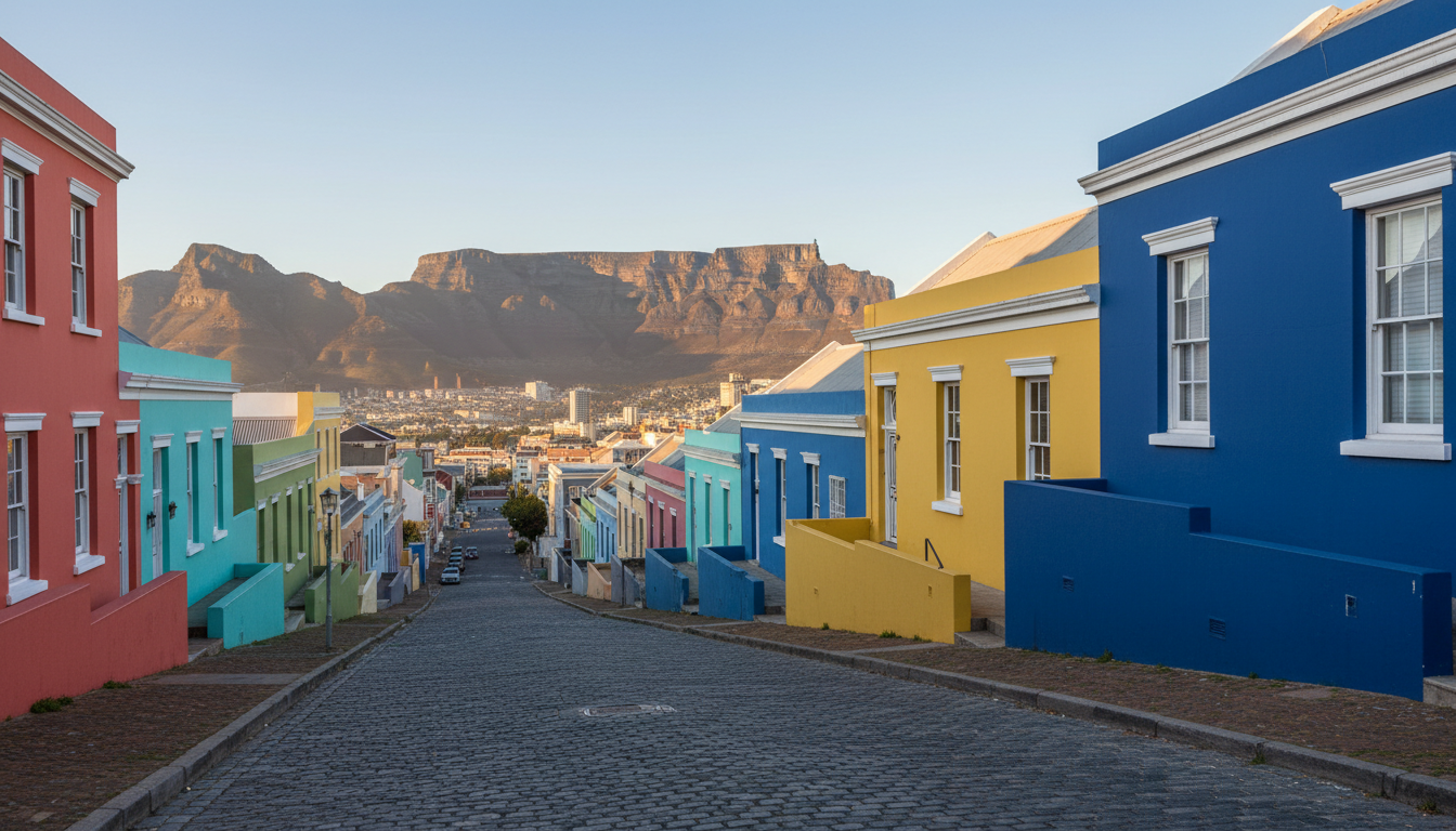 Colorful Bo-Kaap heritage houses on cobblestone street with Table Mountain in background, Cape Town