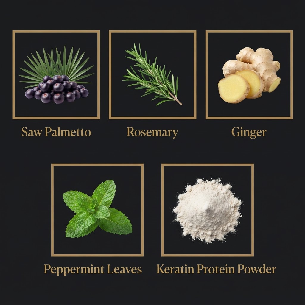 FiberNova natural ingredients: Saw Palmetto, Rosemary, Ginger, Peppermint, Keratin