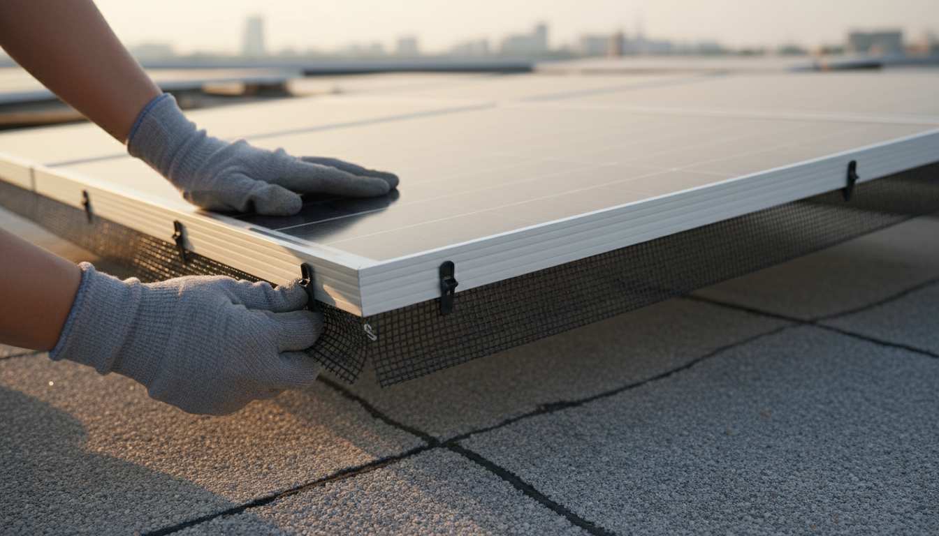 Fitting non-penetrative clips to install solar panel bird proofing mesh