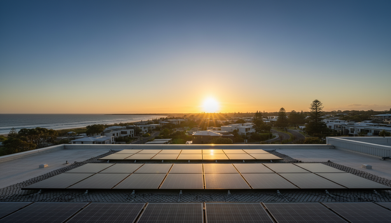 Australian coastal rooftop with solar panels protected by bird proofing mesh