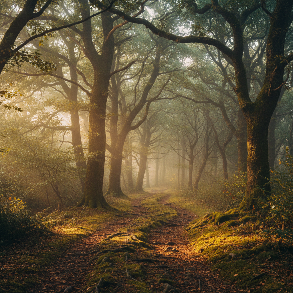 Forest path with golden light