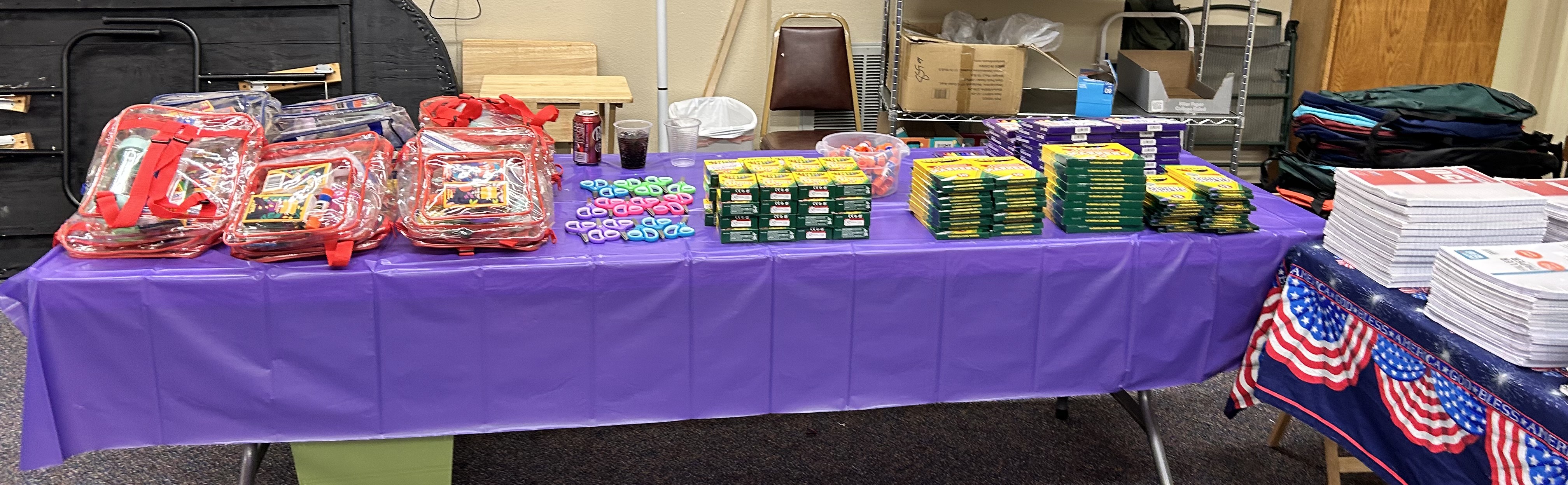 Back to school supply giveaway at Post 2 — crayons and supplies