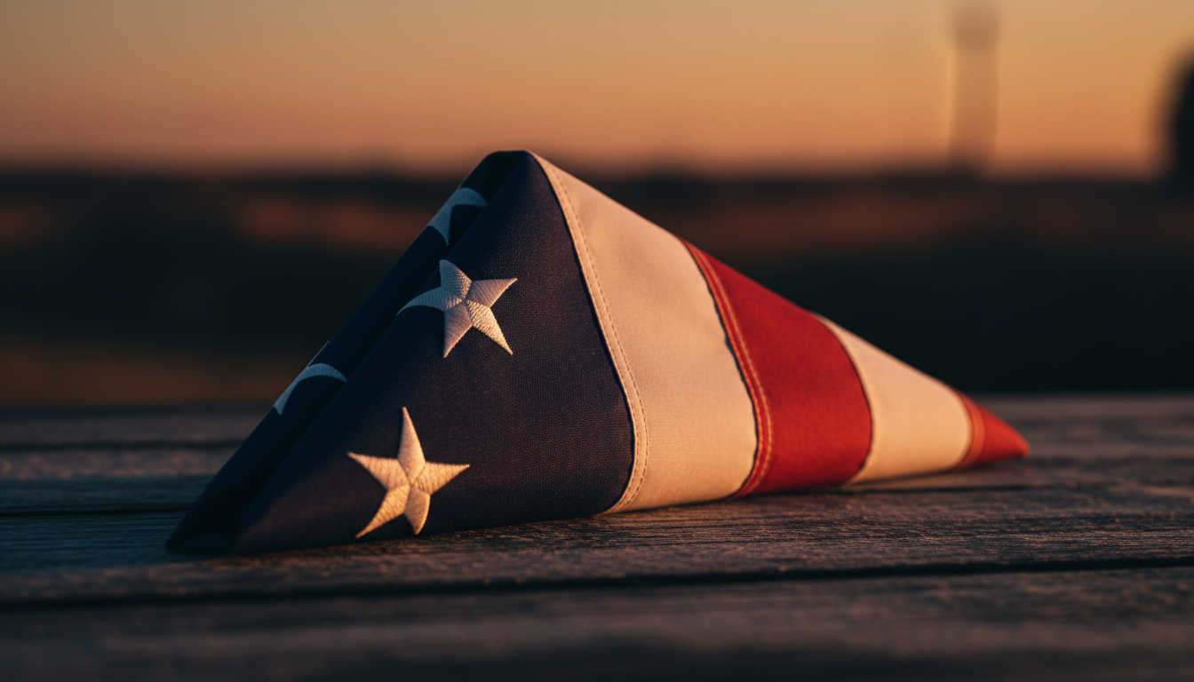 Folded American flag on weathered wood in golden hour light