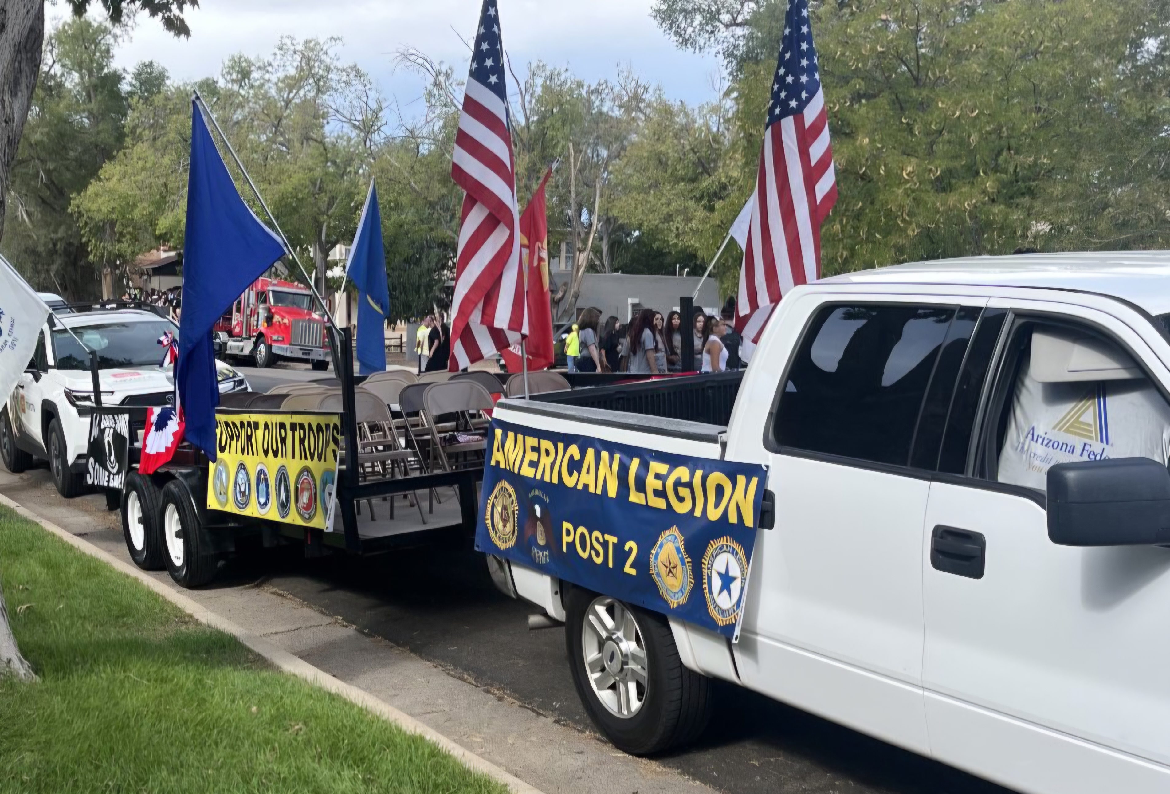 2026 Colorado State Fair Parade — Post 2 truck and trailer with Support Our Troops banner