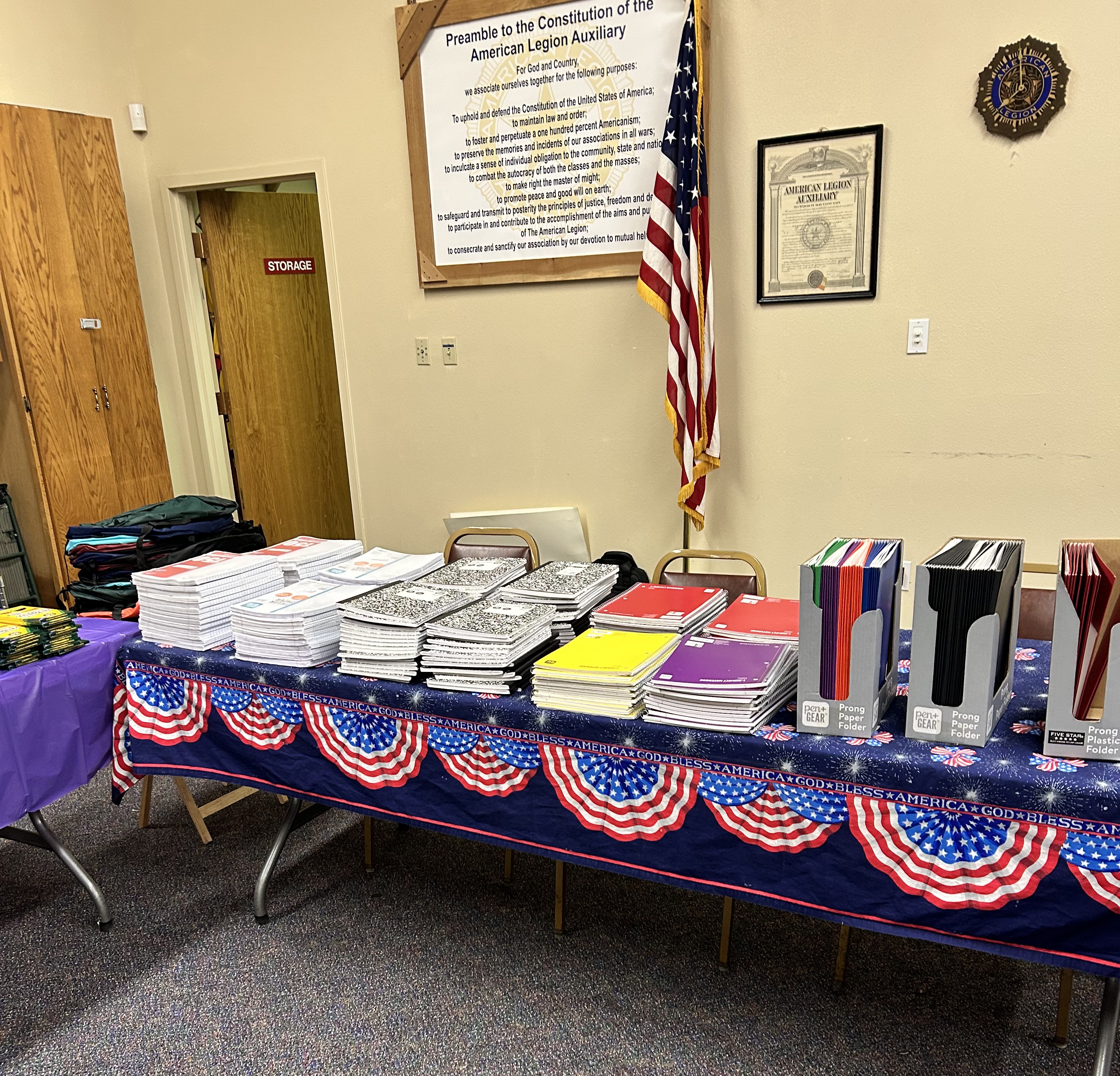Back to school supply giveaway at Post 2 — supplies table