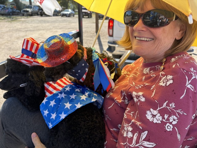 Avondale Veteran's Parade — woman holding two patriotic poodles