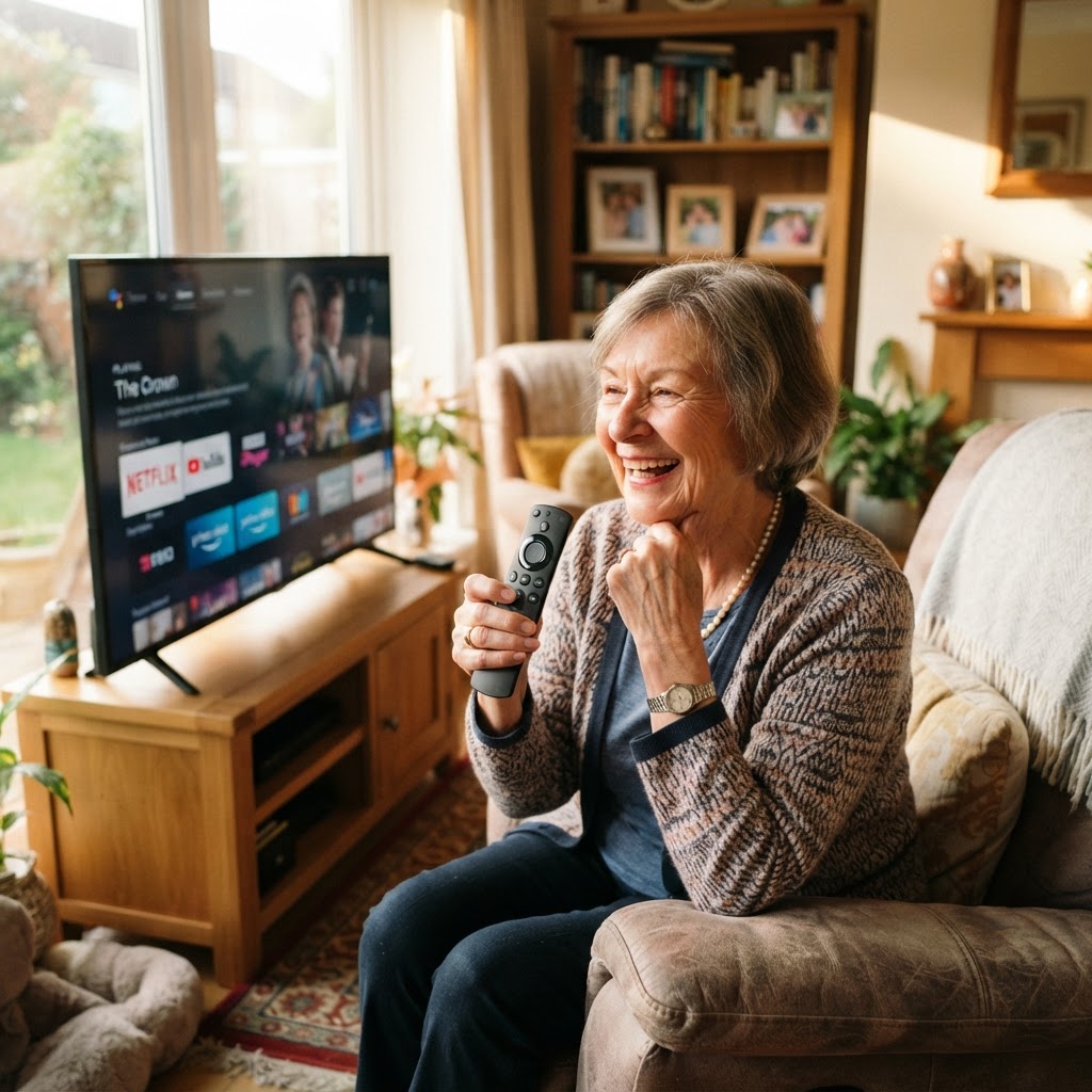 An older woman smiling while using a smart TV
