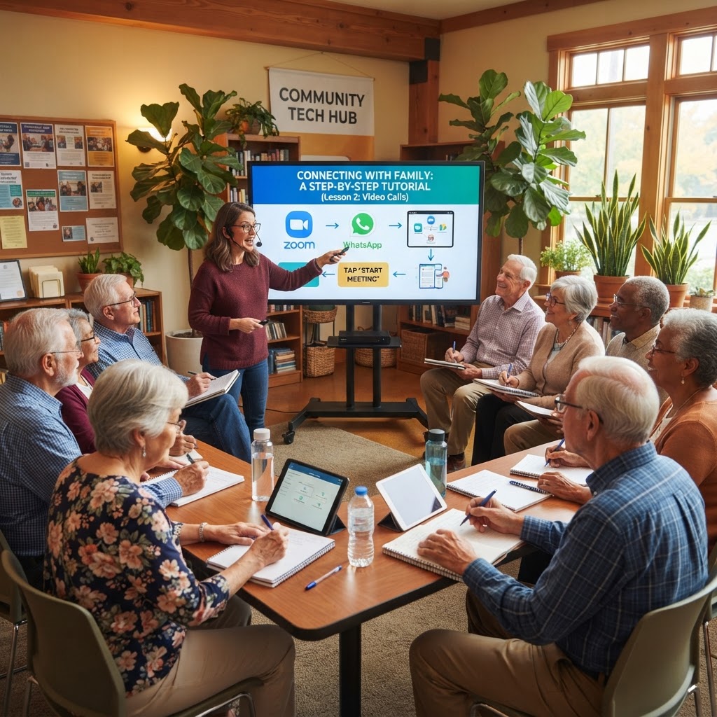 Instructor guiding seniors through a tutorial on a large screen