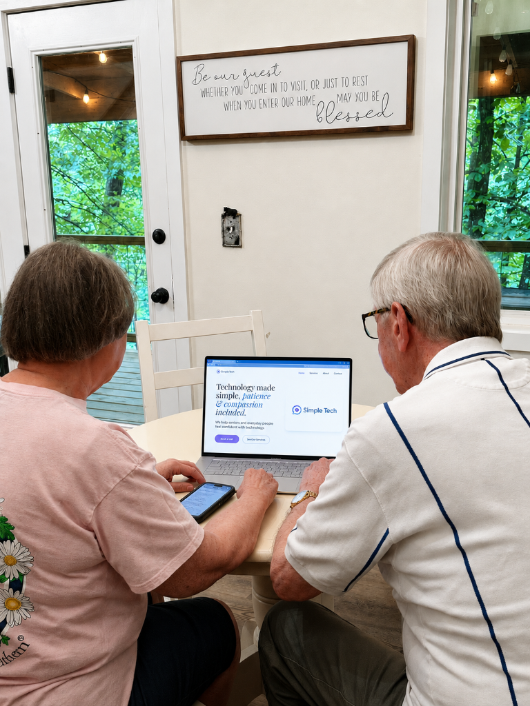 An elderly couple browsing the Simple Tech website on a laptop