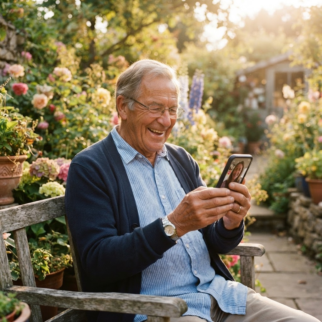 An older man happily using a smartphone