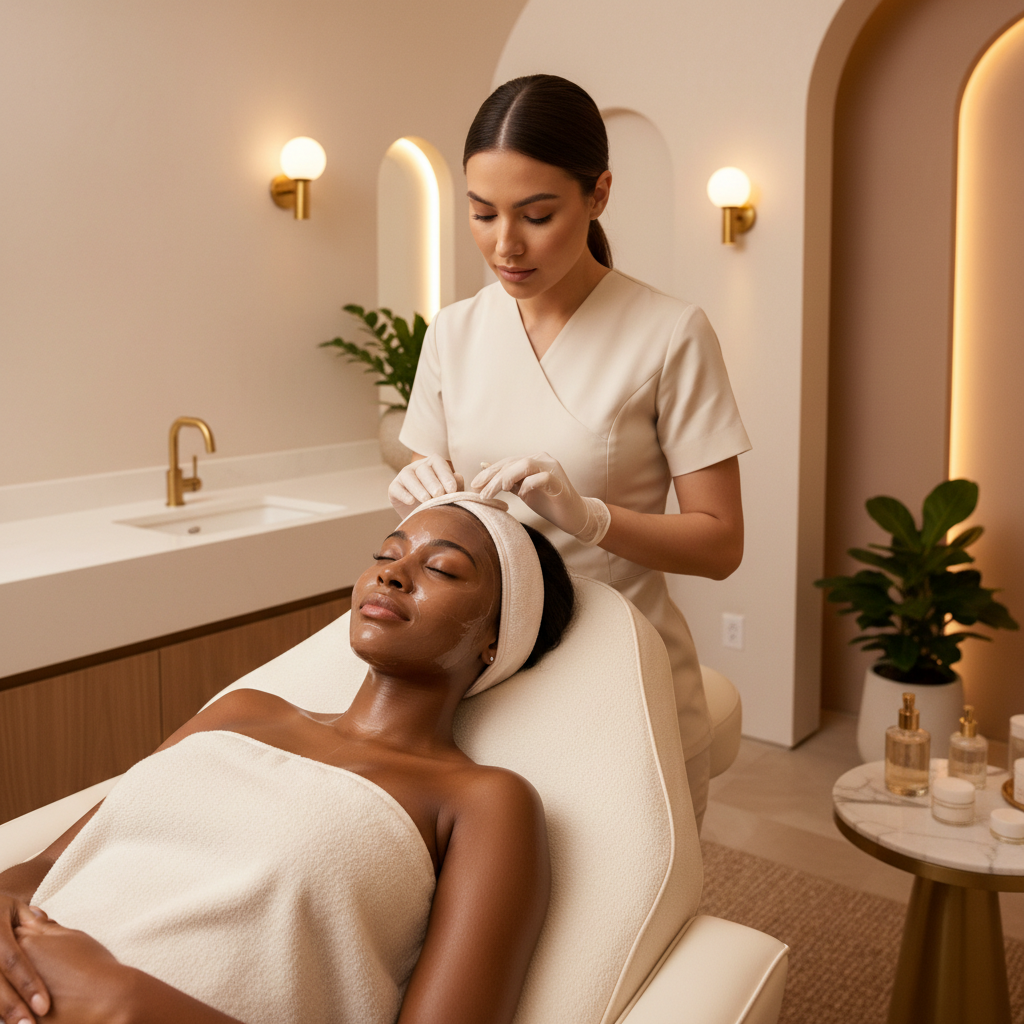 Black woman receiving facial treatment