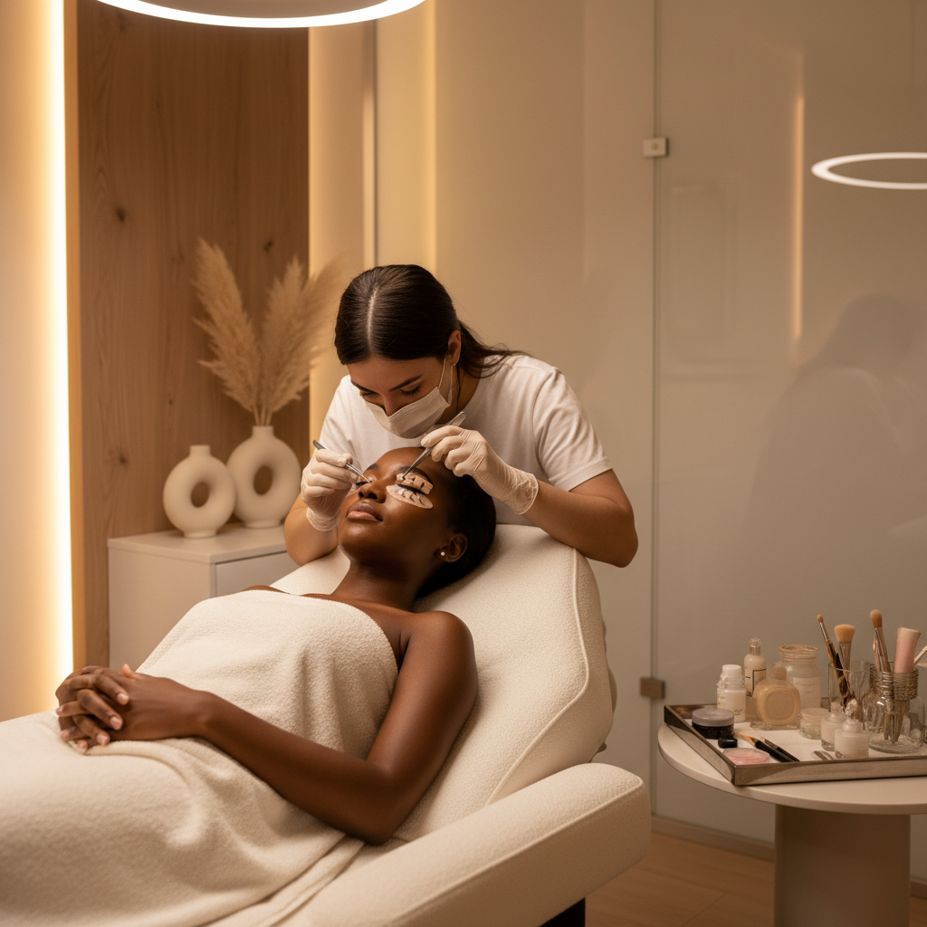 Black woman getting cluster lash extensions applied