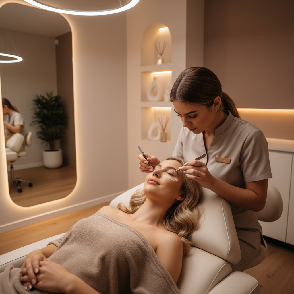 White woman getting script lash extensions applied