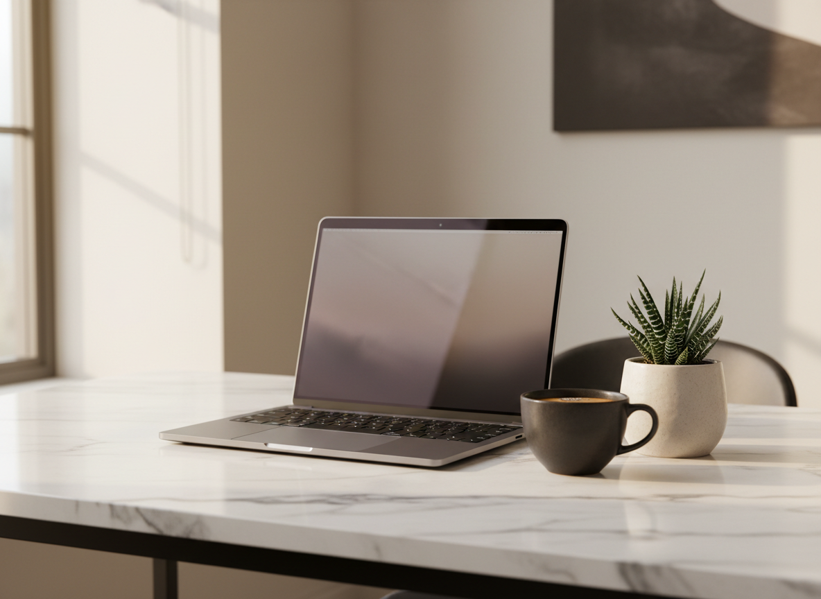 Professional workspace with laptop and espresso