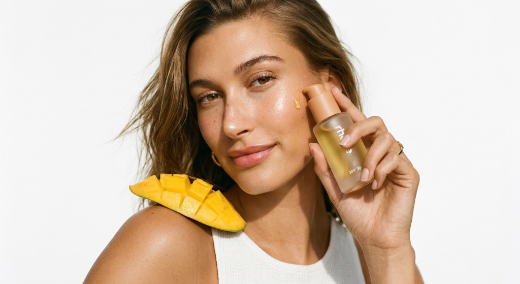 Model with mango and Glow Guard SPF serum