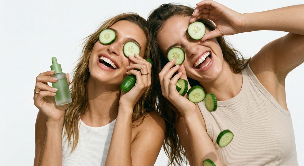 Duo laughing with cucumbers — Garden Dew Serum