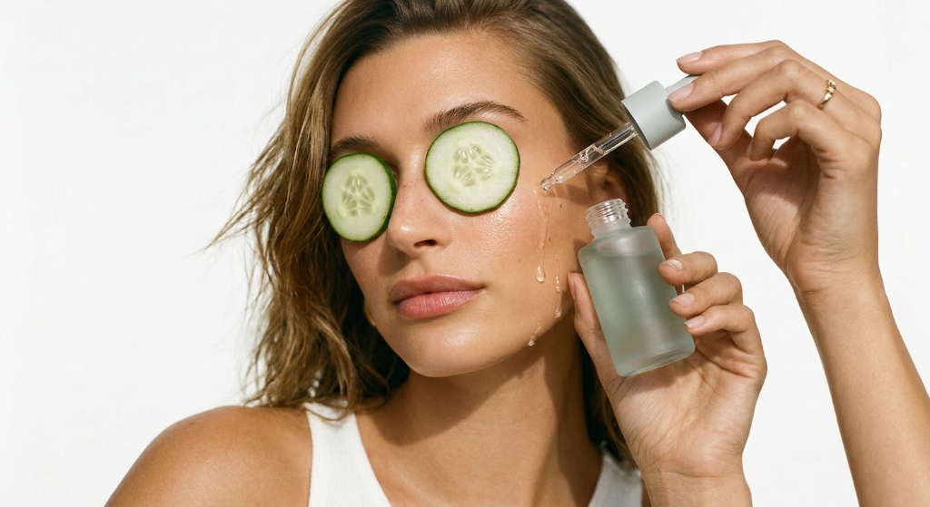 Woman with cucumber slices — Garden Dew Serum